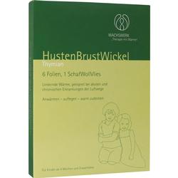 Grüne Verpackung eines Thymian-Hustenbrustwickels für Kinder und Erwachsene.