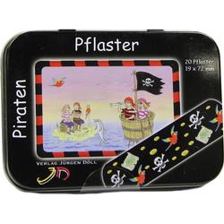 Blechdose mit Piratenpflastern und bunter Illustration von Piratenkindern und einem Delfin.